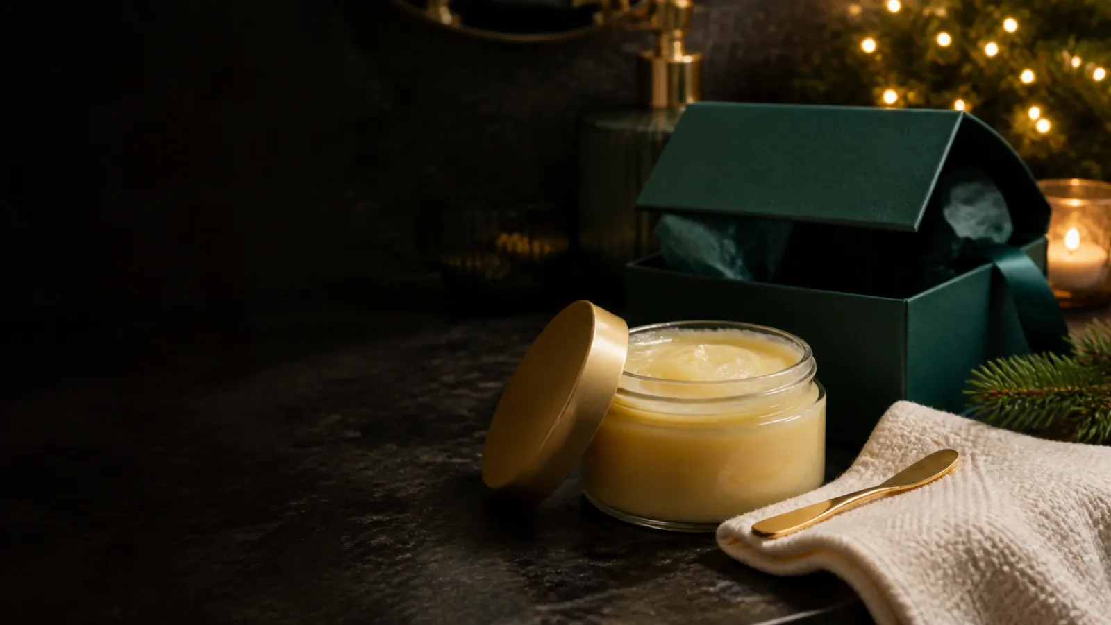 Representative open jar of golden cleansing balm with a white cloth and green Christmas gift box