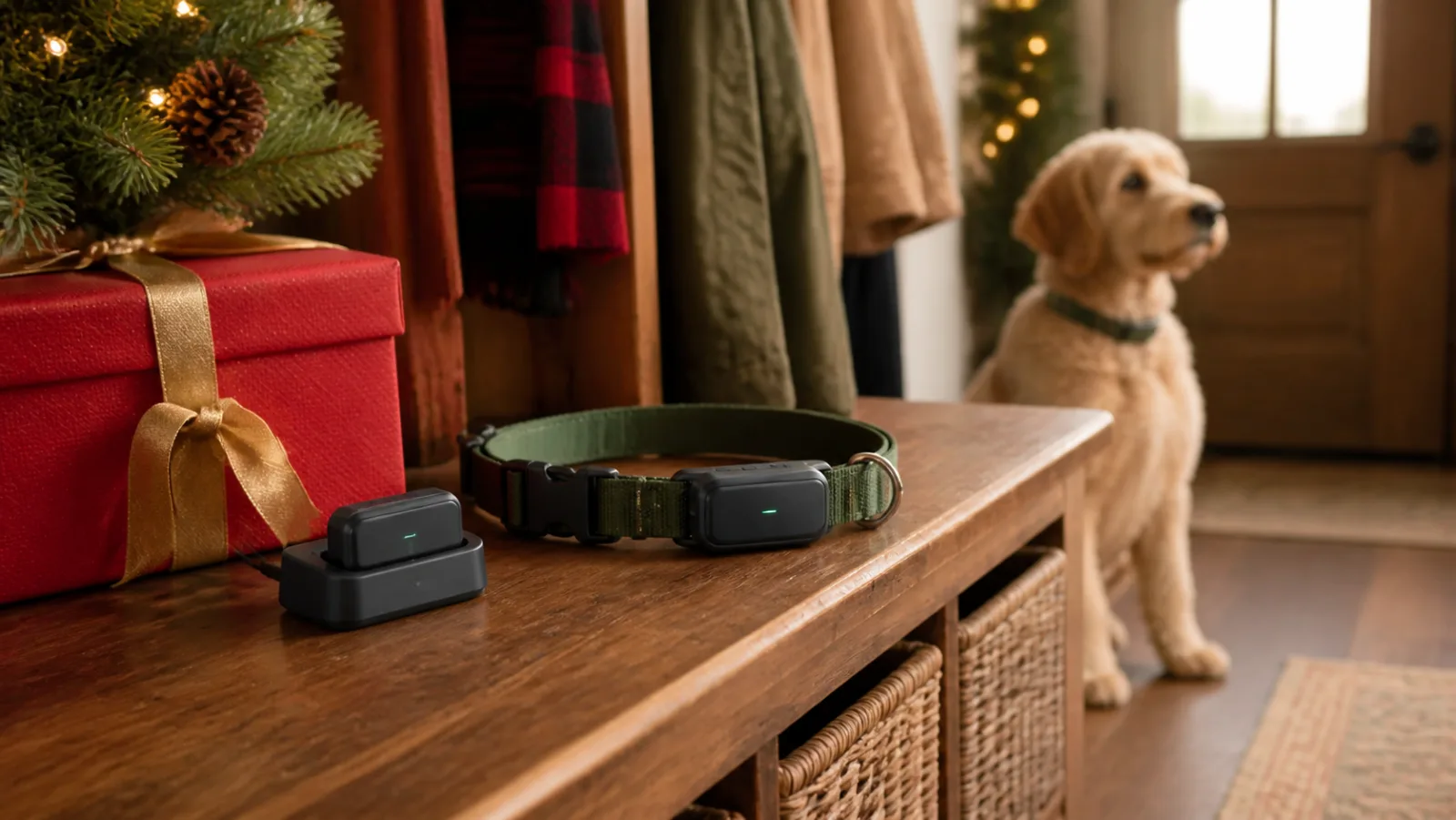Representative smart dog collar and charging base beside a red Christmas box