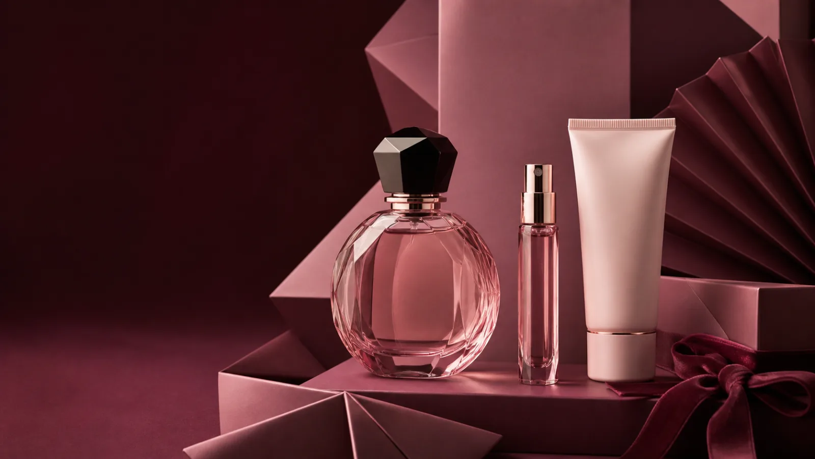 Representative faceted pink fragrance bottle, travel spray and lotion beside a burgundy Christmas gift