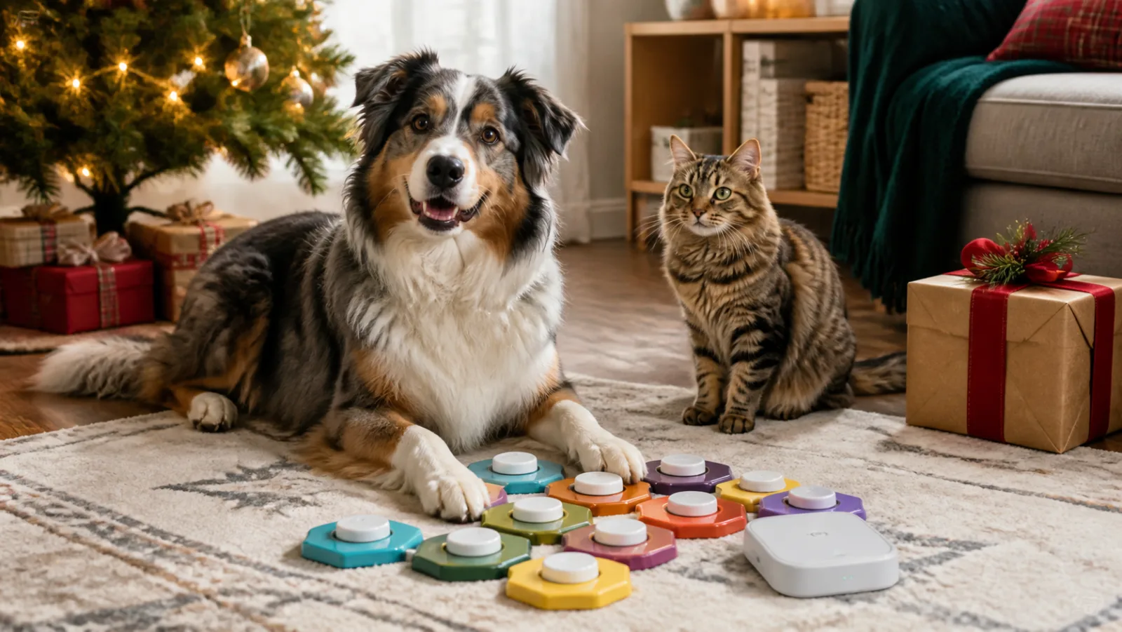 Representative colourful pet talking buttons and hub beside a holiday gift