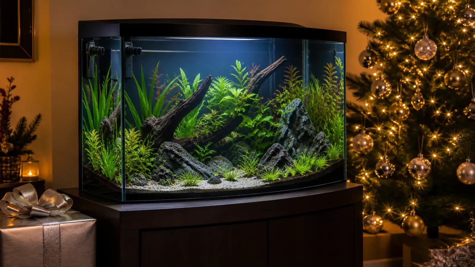 Representative curved-front aquarium beside a silver Christmas gift