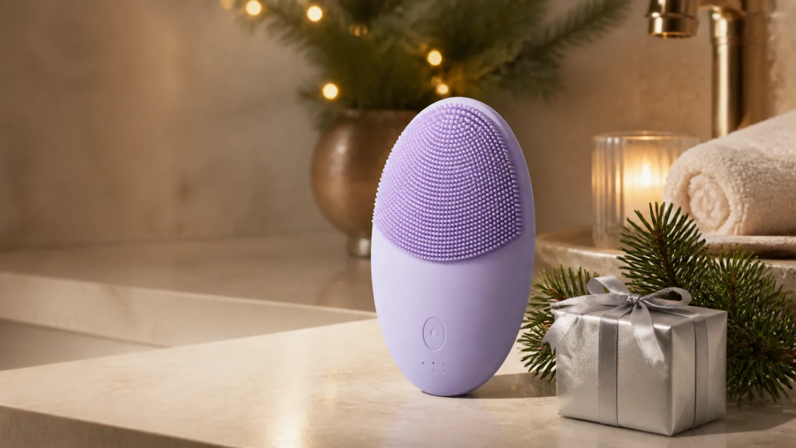 Representative lavender silicone facial cleansing device beside a silver Christmas gift