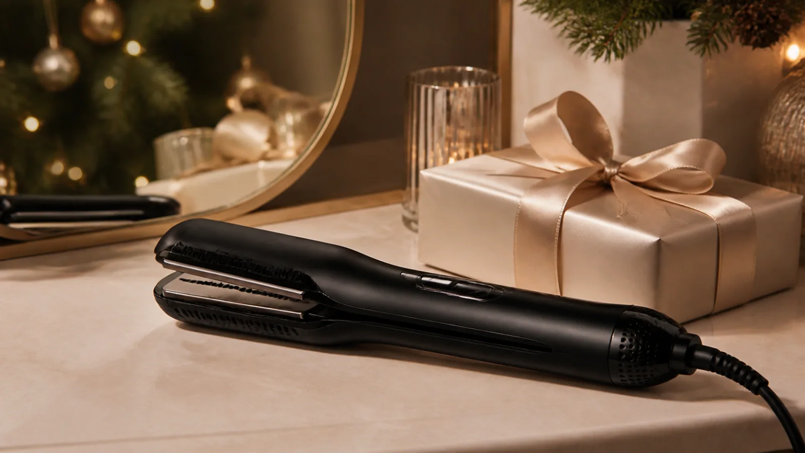 Representative black wet-to-dry hair styler beside a cream holiday gift