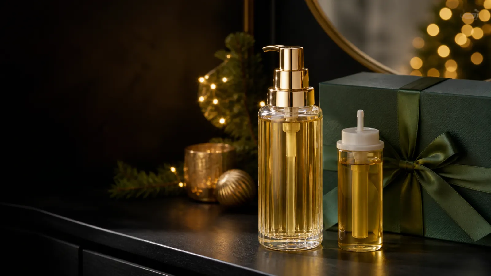 Representative golden hair-oil bottle and refill beside a green Christmas gift box