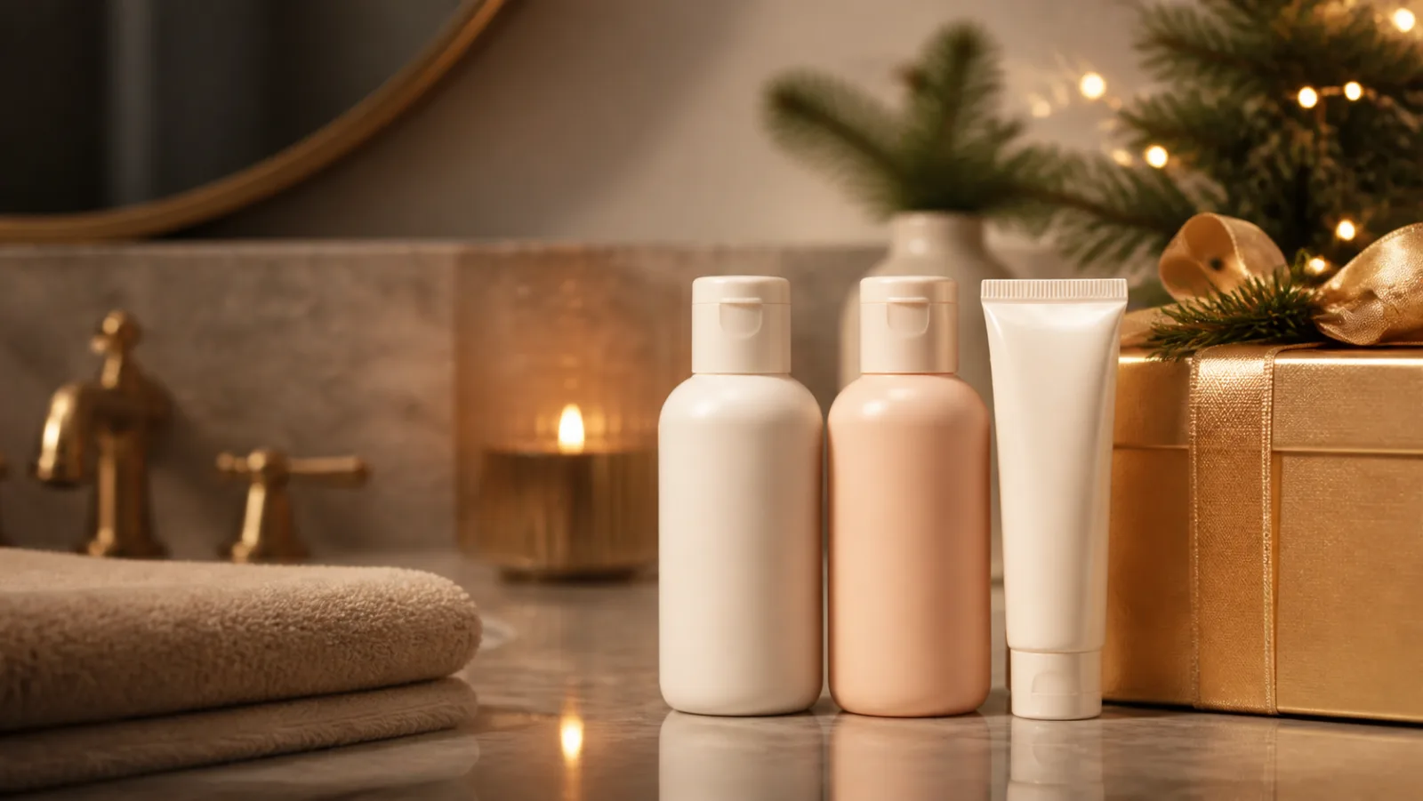 Representative trio of ivory luxury hair-care bottles beside a gold Christmas gift