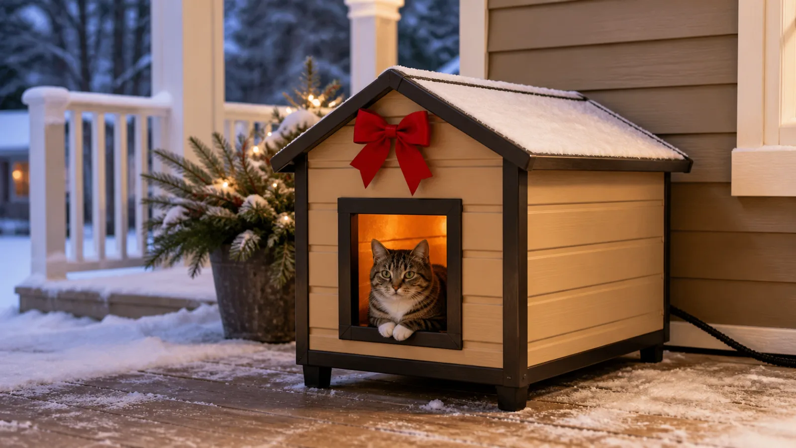 Representative insulated cat shelter on a covered snowy porch beside a red bow