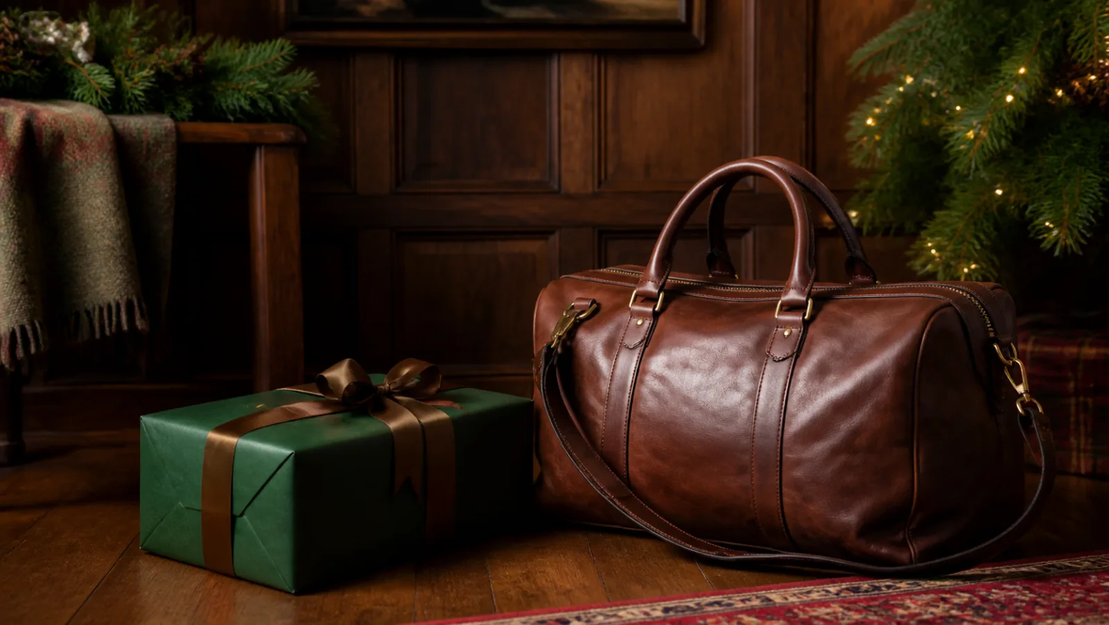 Representative brown leather weekender beside a forest-green Christmas gift