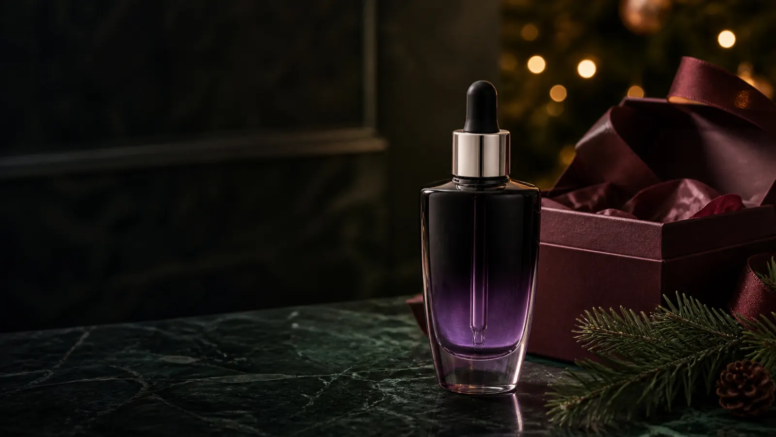 Representative unbranded dark serum bottle beside a burgundy Christmas gift box