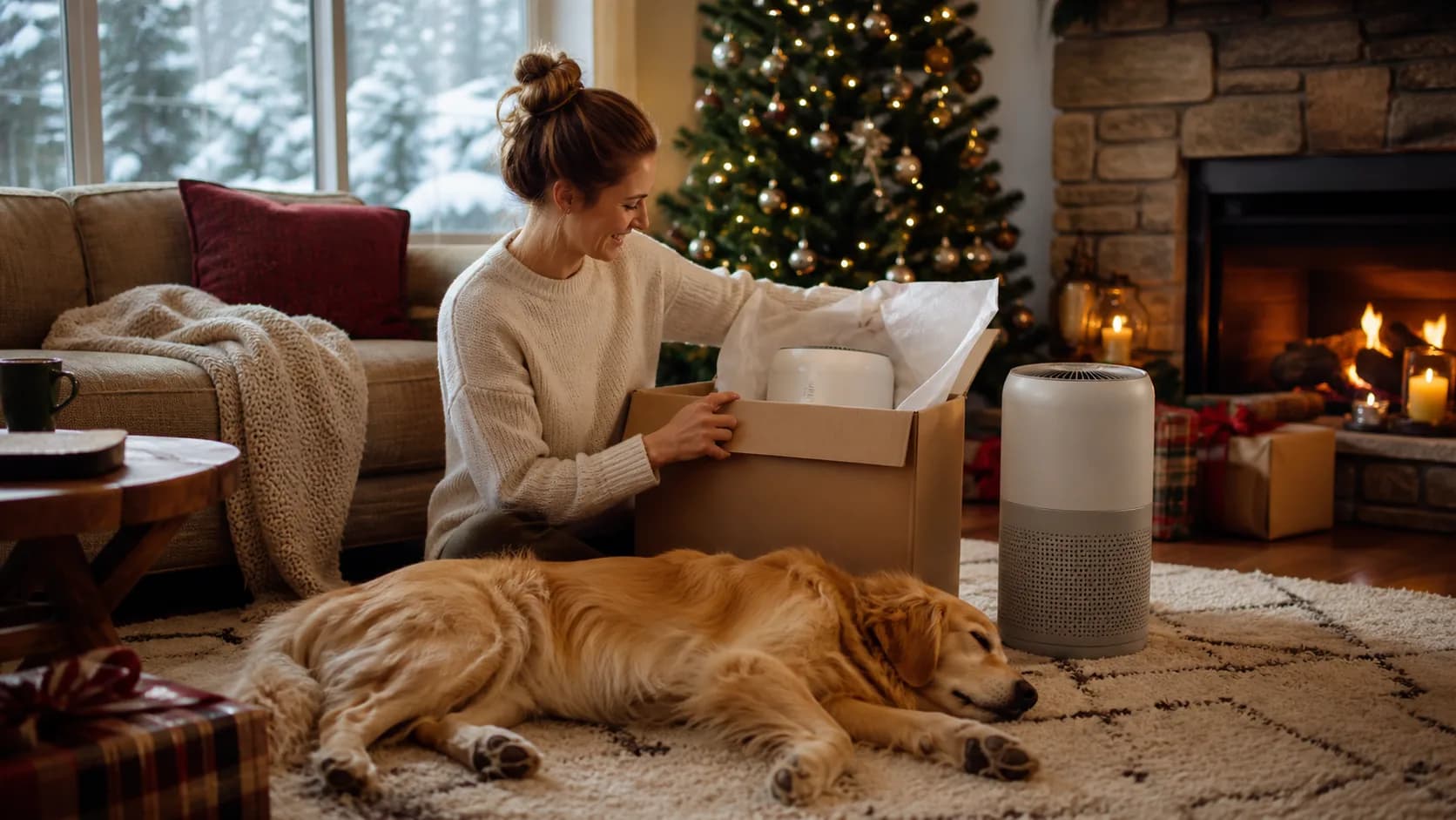 Representative cylindrical air purifier operating in a pet household