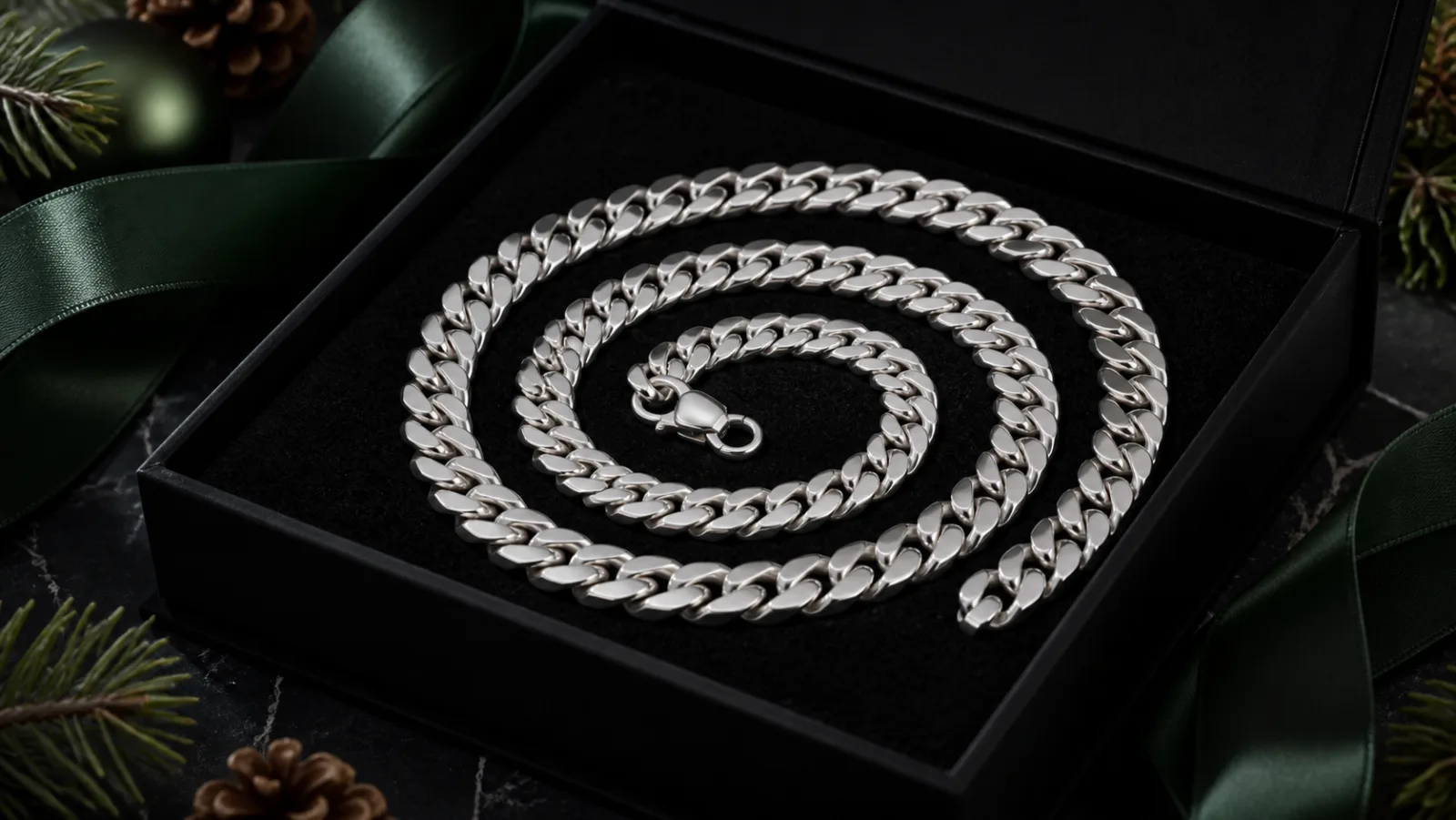 Representative silver Cuban chain in a black Christmas gift box