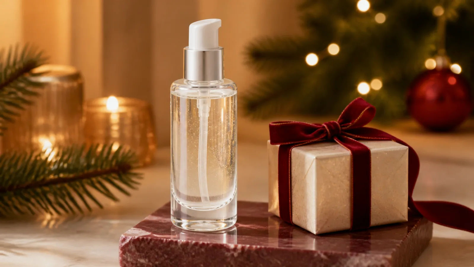 Representative clear serum bottle beside a burgundy Christmas box