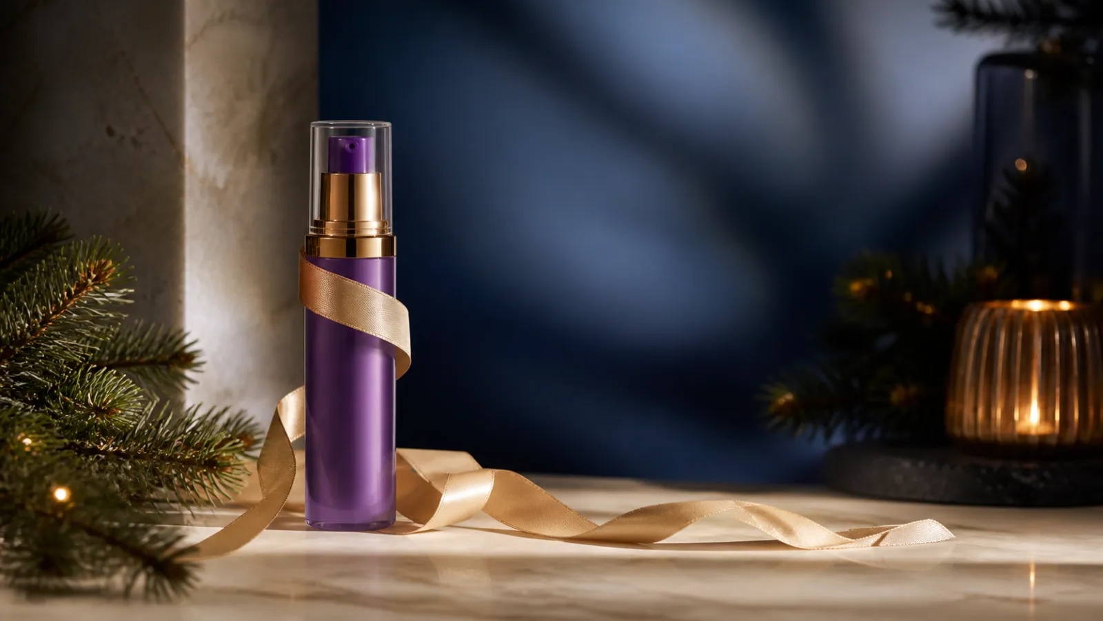 Representative purple serum pump beside a gold Christmas ribbon