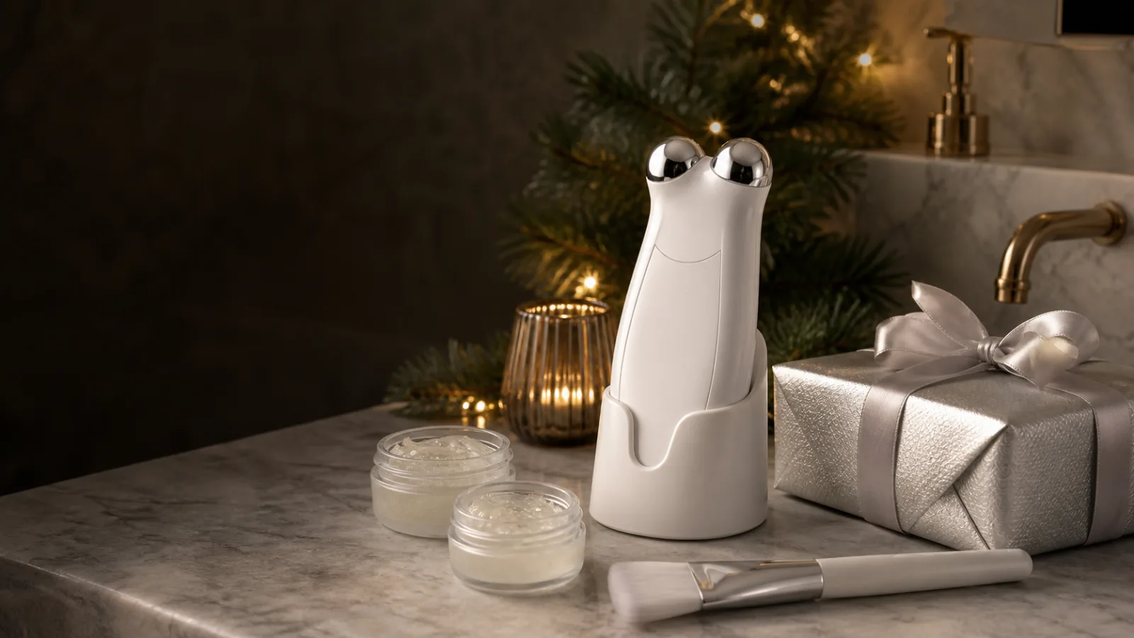 Representative white microcurrent facial device and gel jars beside a silver Christmas gift