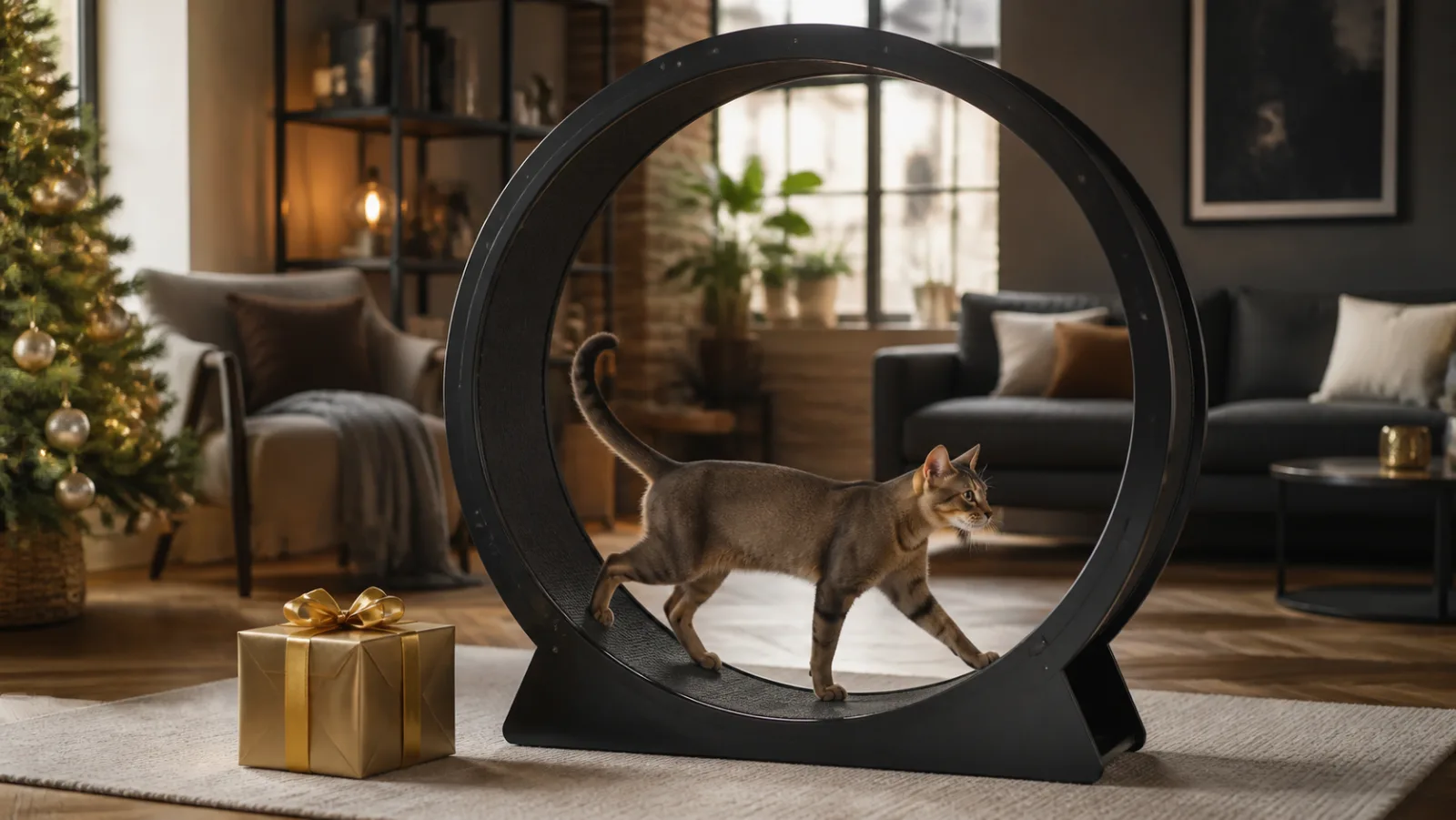 Representative large black cat exercise wheel beside a gold Christmas ribbon