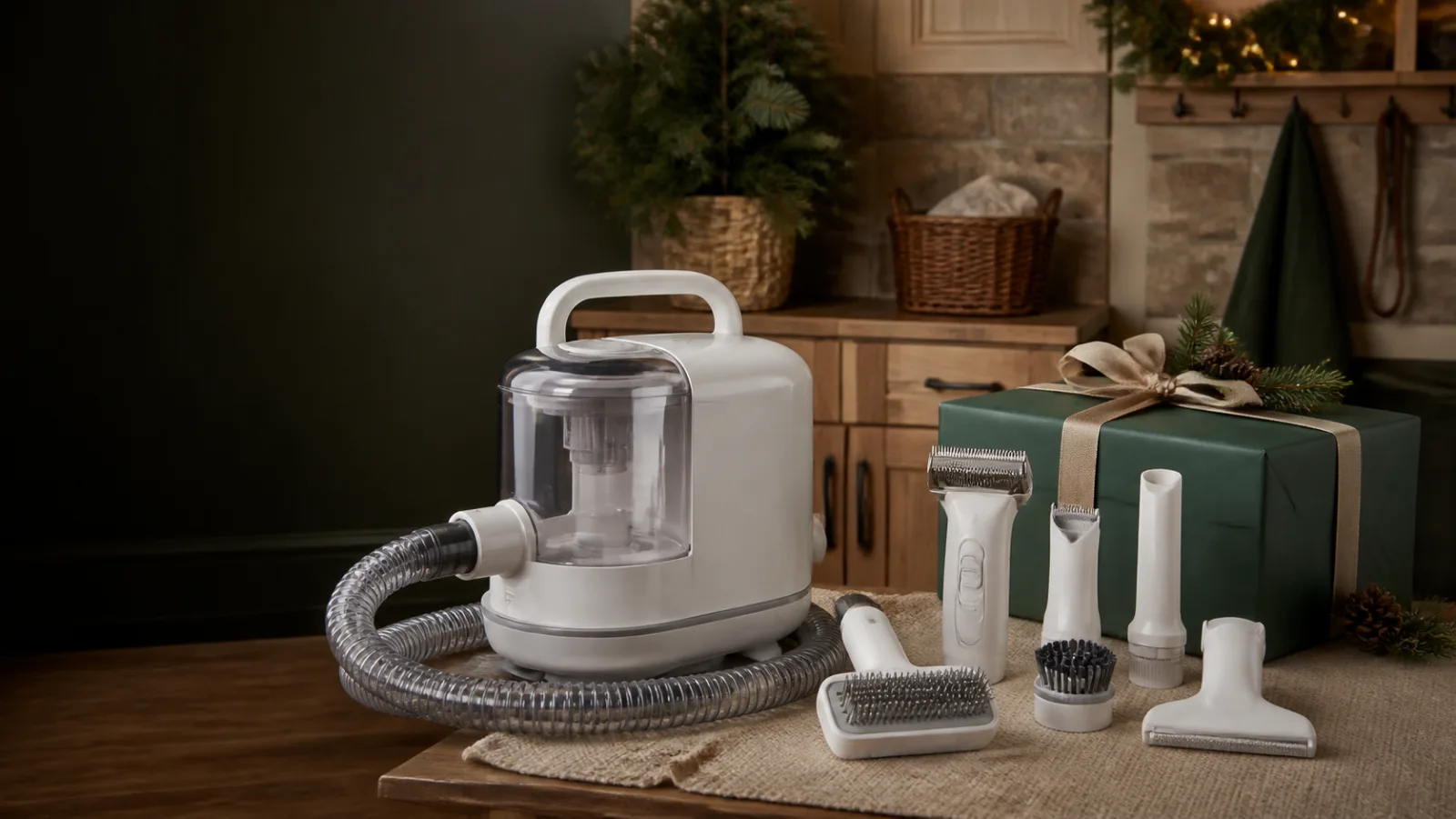 Representative white pet grooming vacuum and brush tools beside a green Christmas gift