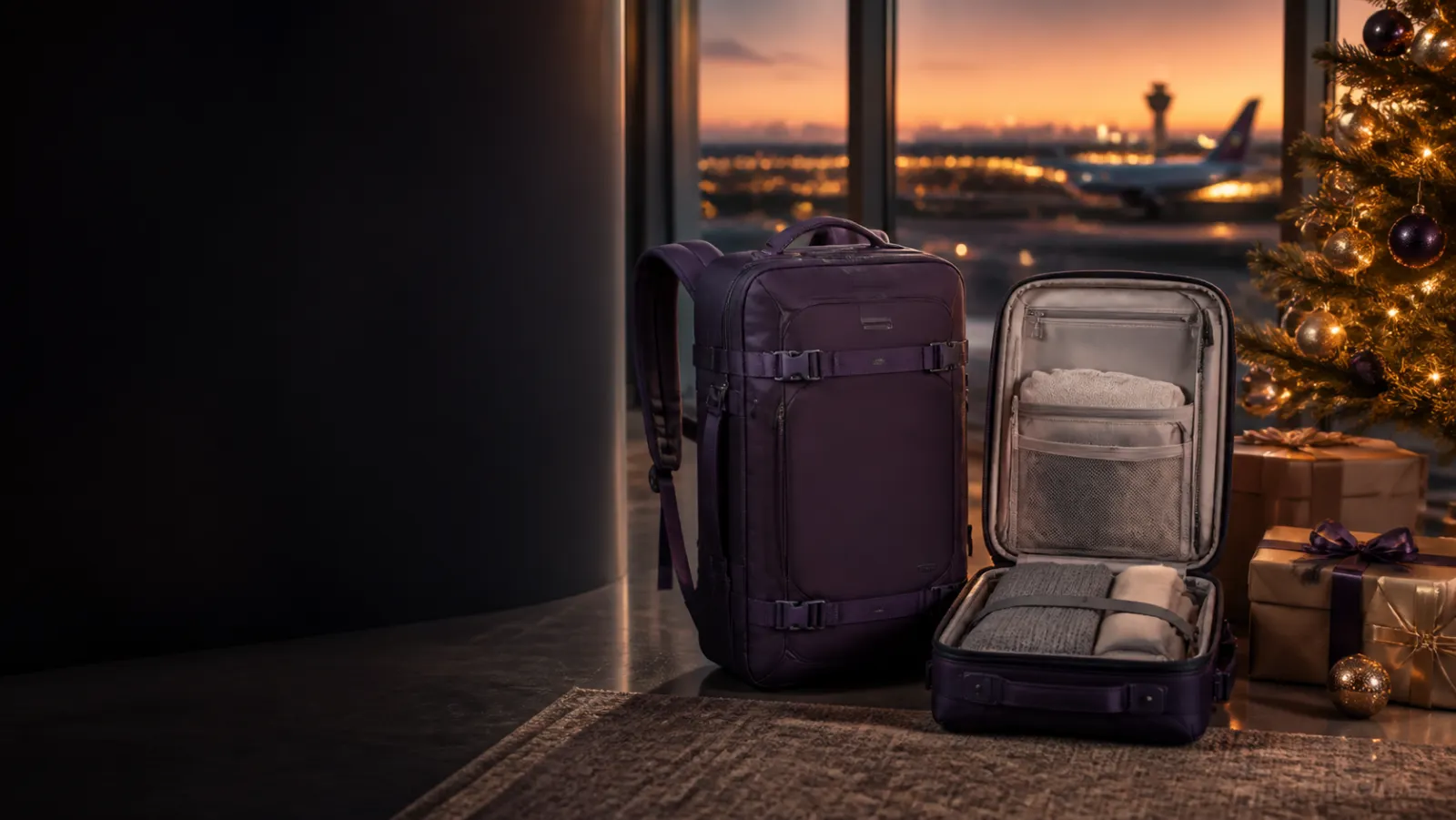Representative purple travel backpack beside holiday luggage at an airport