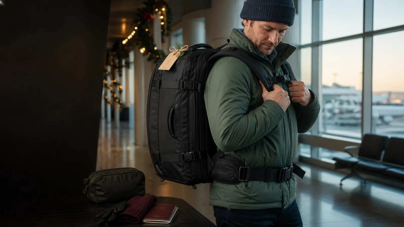 Representative traveller adjusting a black 40-litre backpack in a holiday airport