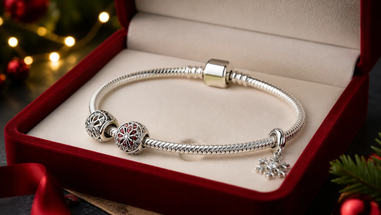 Representative silver snake-chain bracelet in a red Christmas jewelry box