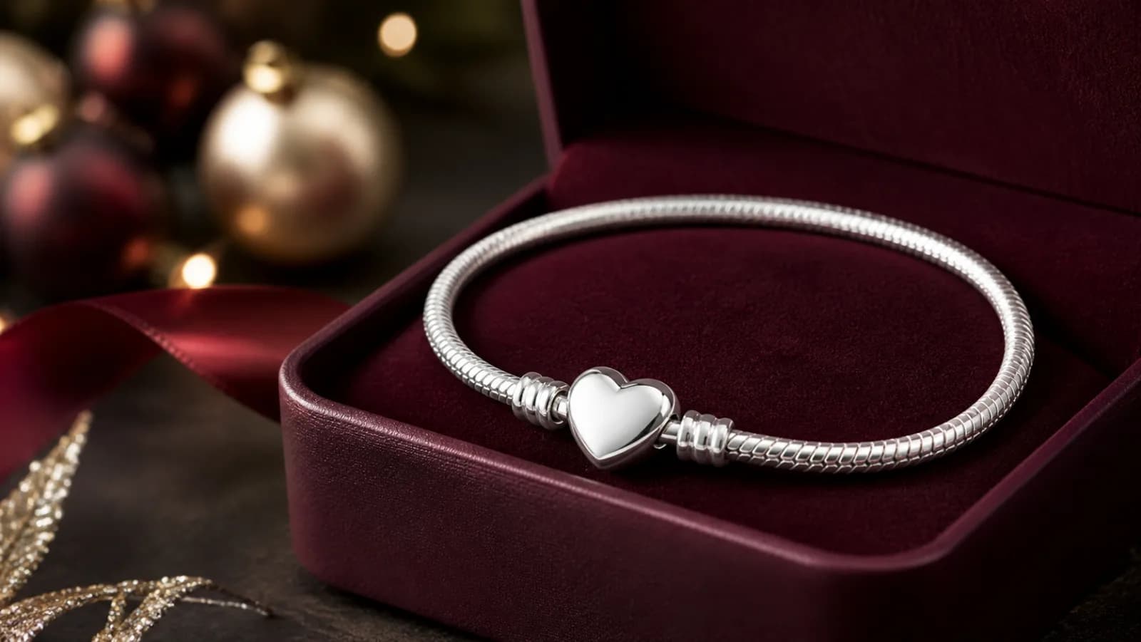 Representative silver heart-clasp bracelet beside a burgundy gift box