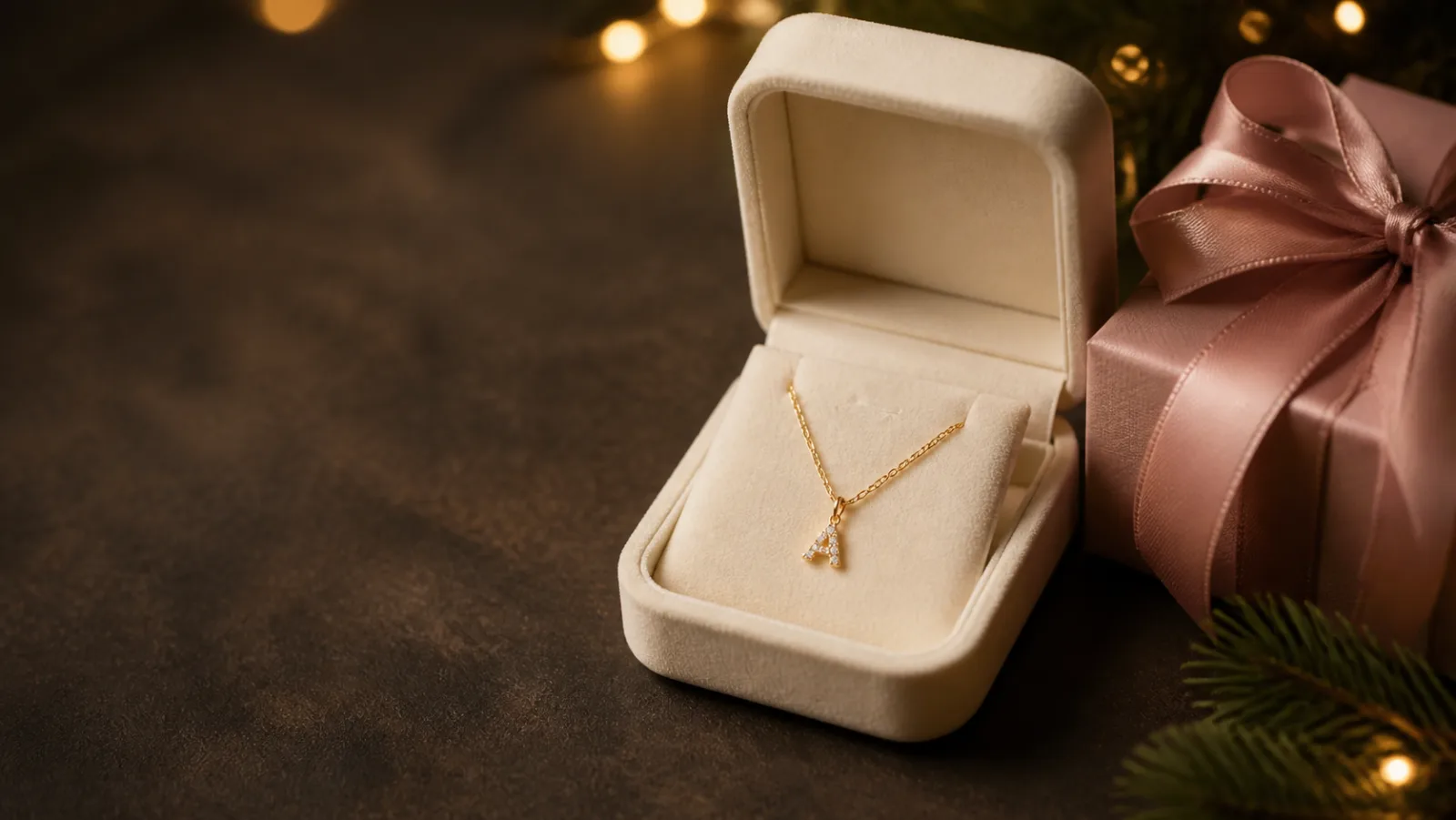Representative tiny crystal initial necklace in a jewelry box beside a pink Christmas gift