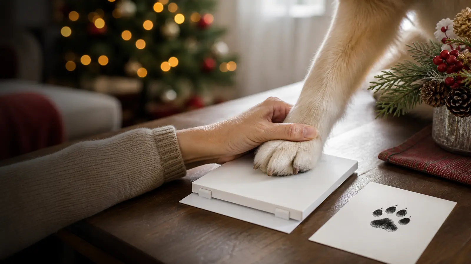 Dog making a clean-touch paw print on a keepsake card beside Christmas decorations