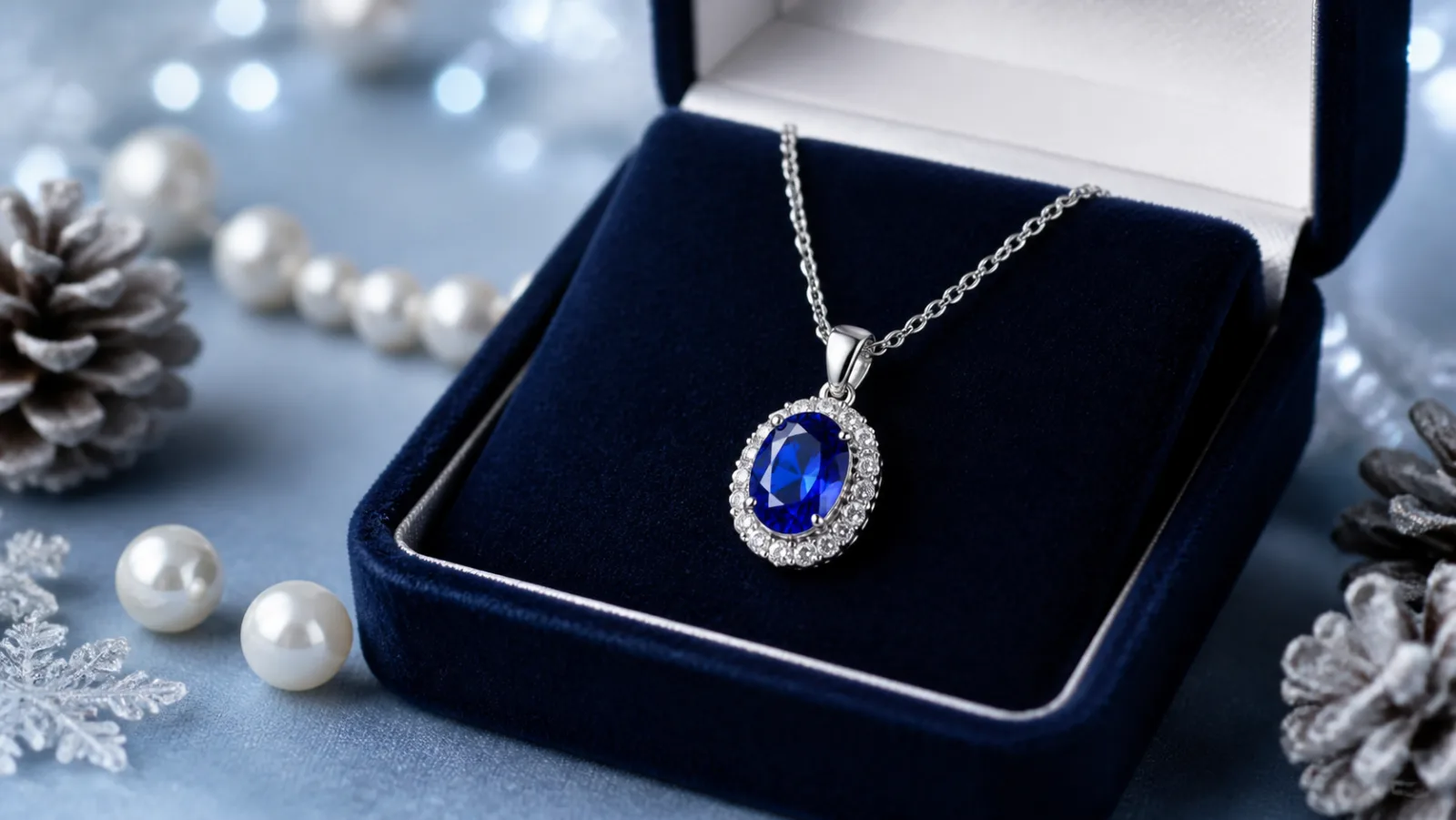Representative blue sapphire halo pendant in a navy Christmas jewelry box