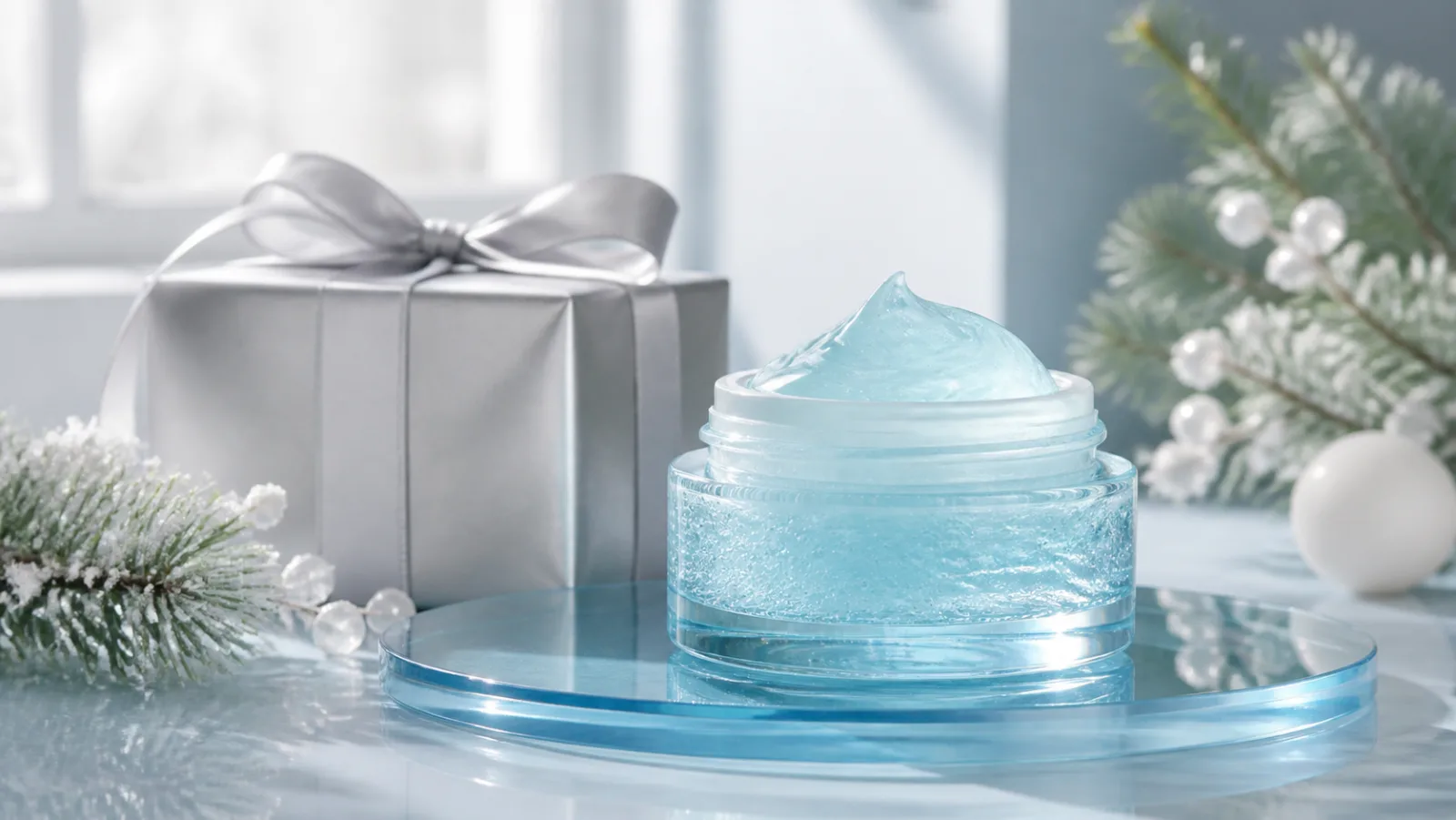 Representative blue gel-cream jar beside a silver holiday gift