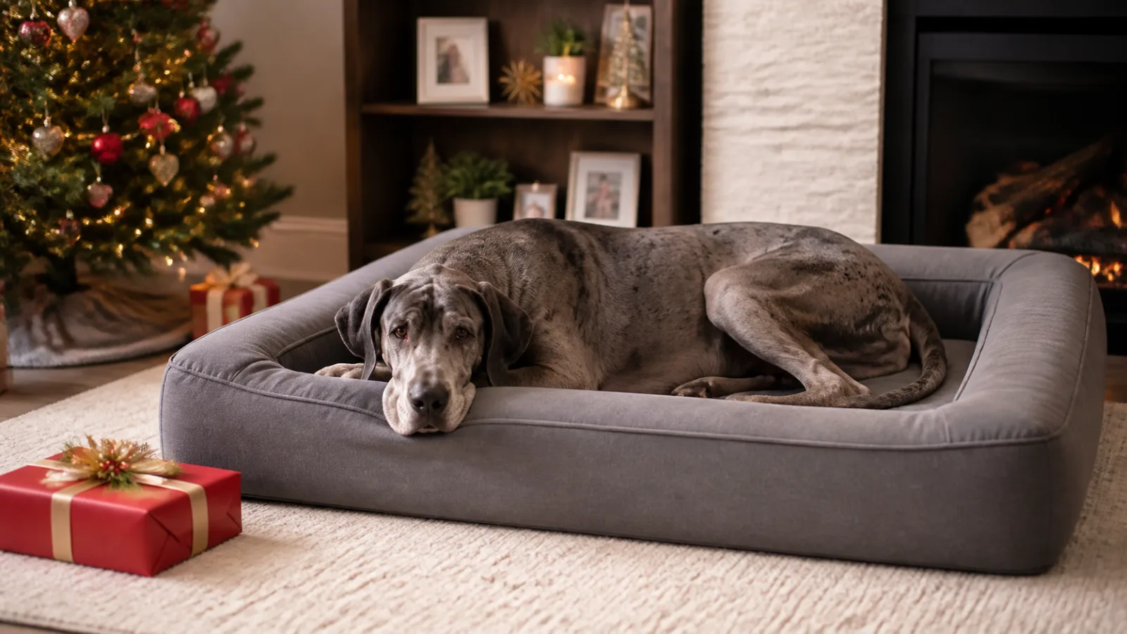 Representative grey bolster dog bed beside a red Christmas gift