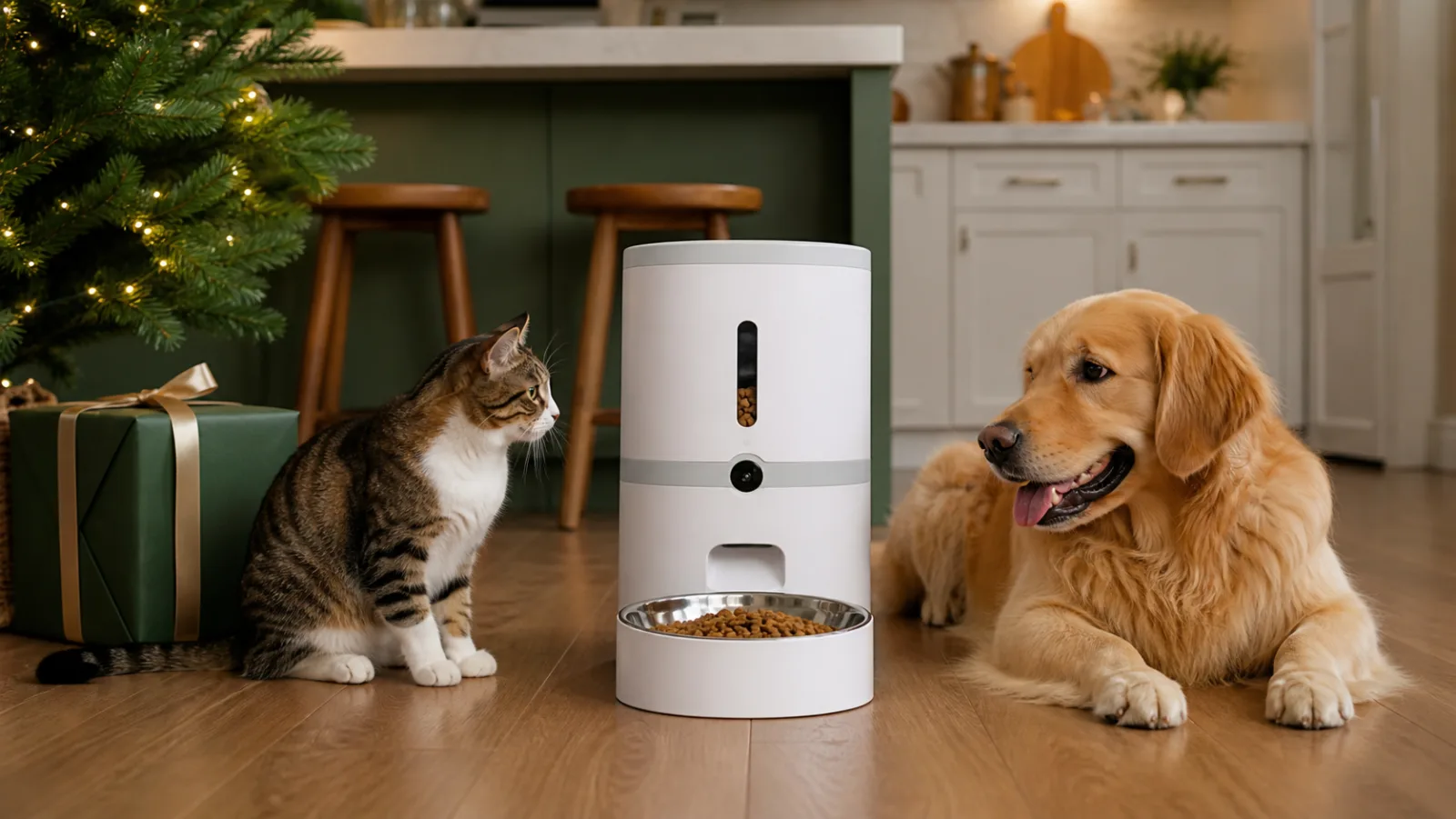 Representative white automatic pet feeder beside a green Christmas gift