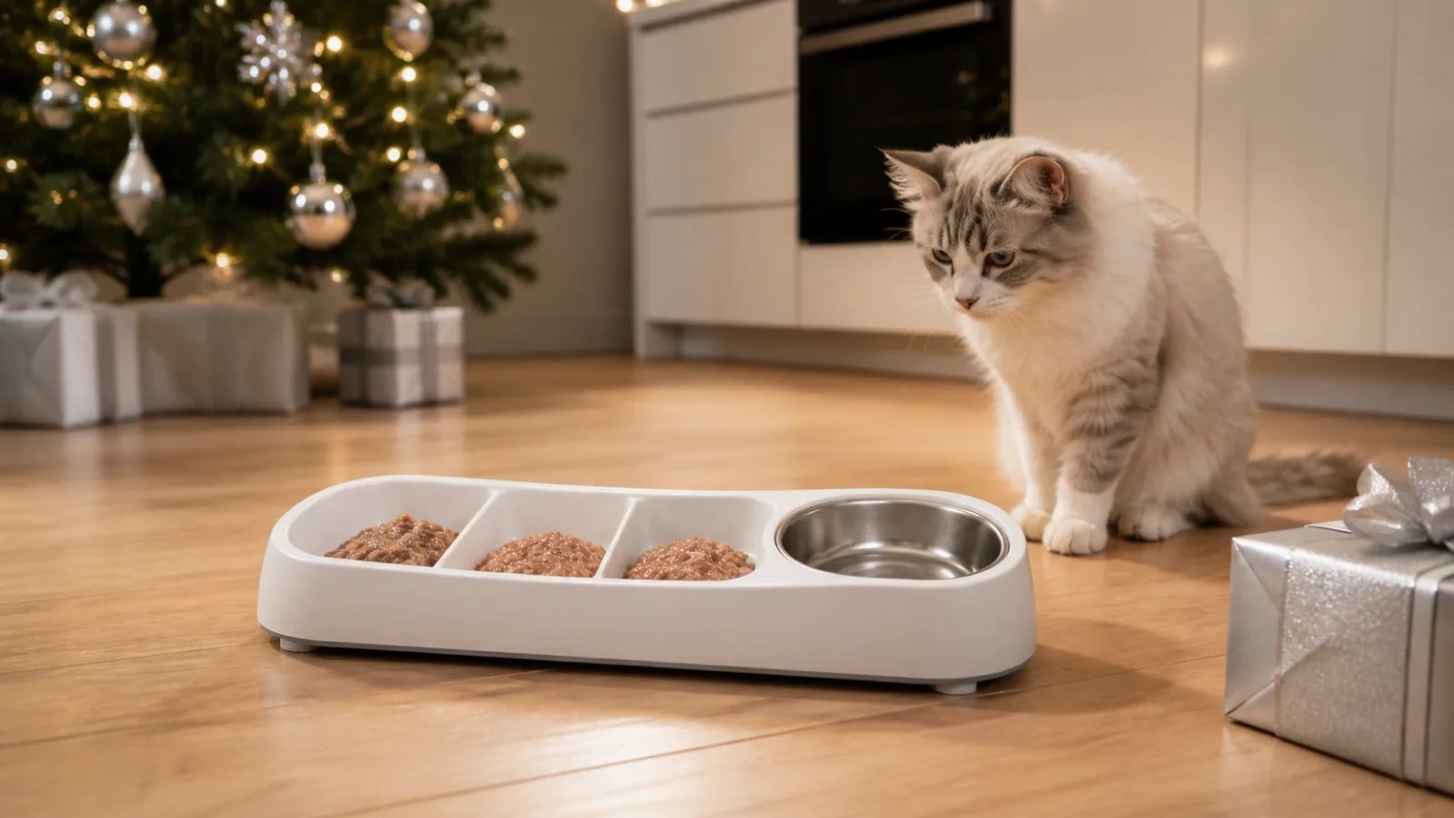 Representative refrigerated wet-food feeder beside a silver holiday gift