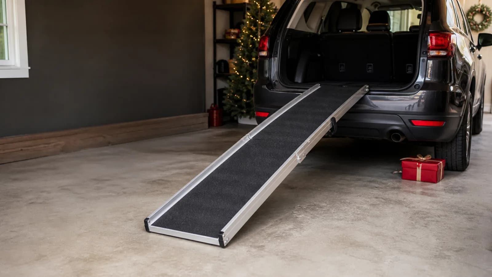 Representative aluminum telescoping dog ramp beside an SUV and a red Christmas gift