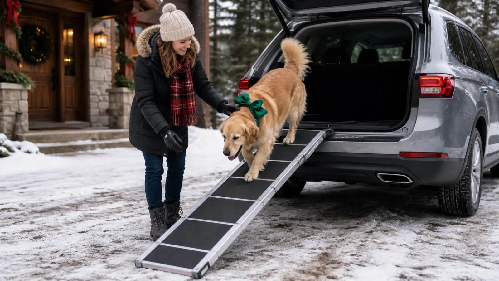 Representative telescoping dog ramp at an SUV beside a green holiday bow
