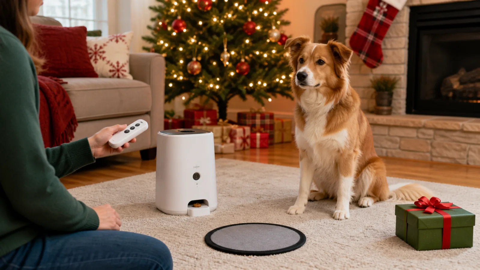 Representative remote dog treat dispenser beside a green Christmas box