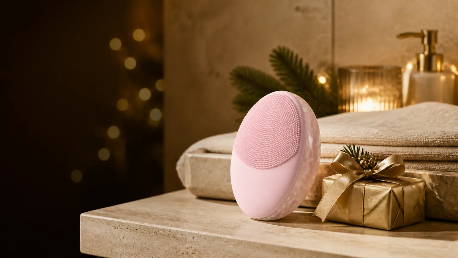 Representative blush silicone cleansing device with a rose-quartz back beside a gold gift