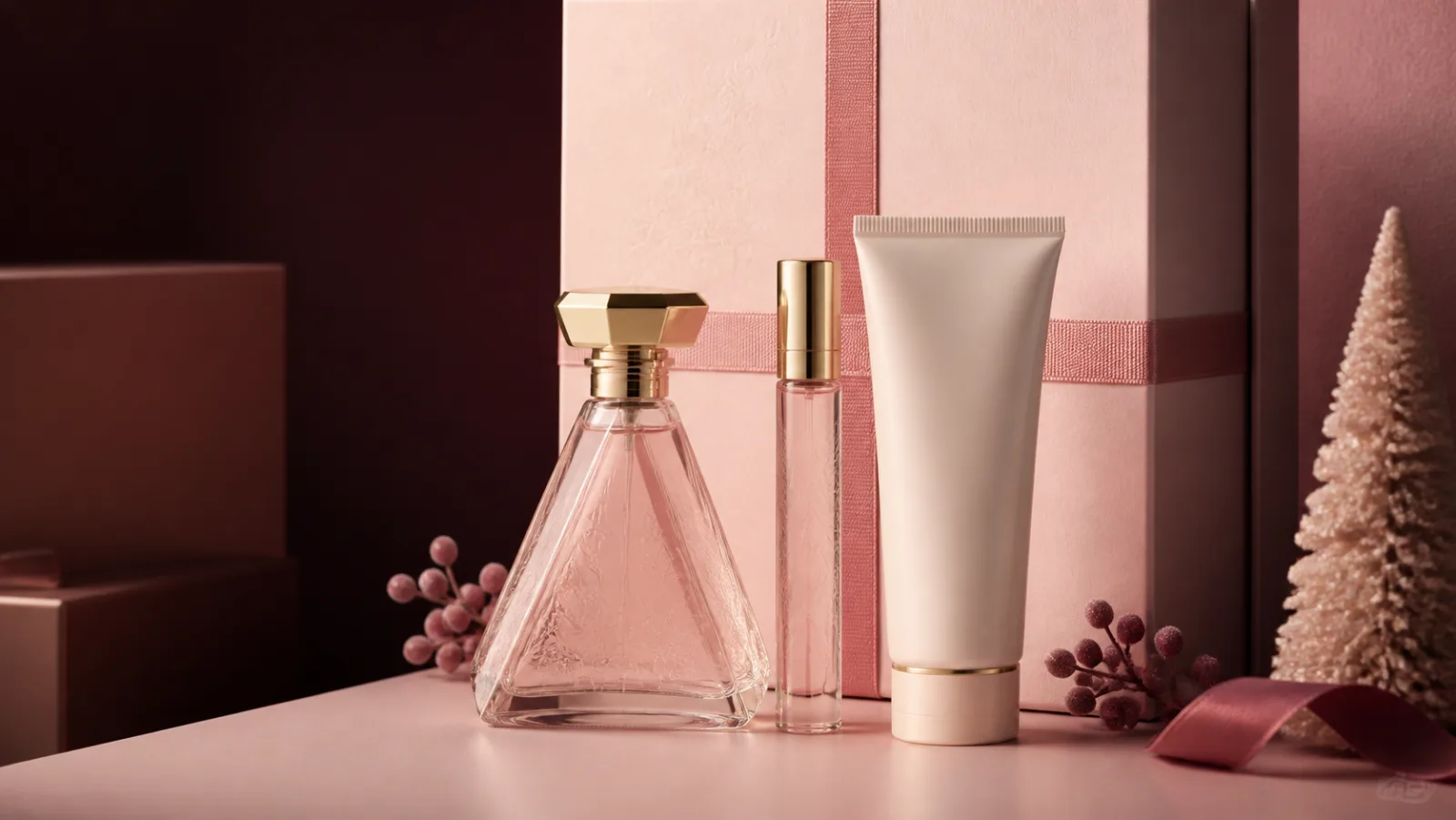 Representative triangular blush fragrance bottle, travel spray and lotion beside a black Christmas gift