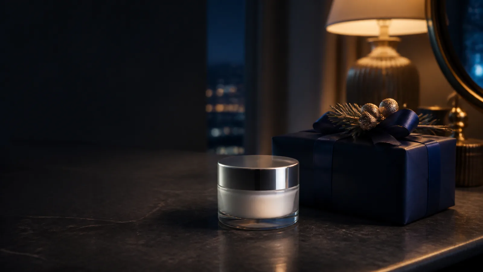 Representative silver luxury night-cream jar beside a navy Christmas gift