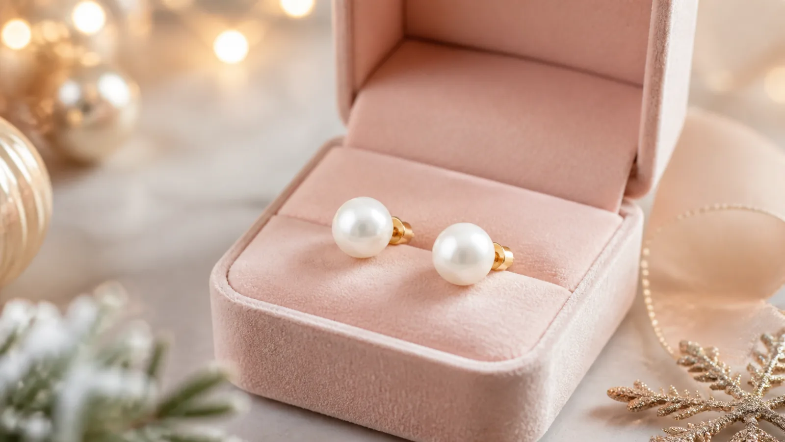 Representative pearl studs in a blush Christmas jewelry box