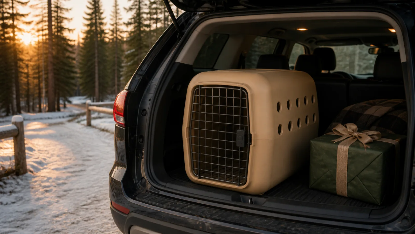 Representative tan one-piece dog travel kennel beside a green Christmas gift