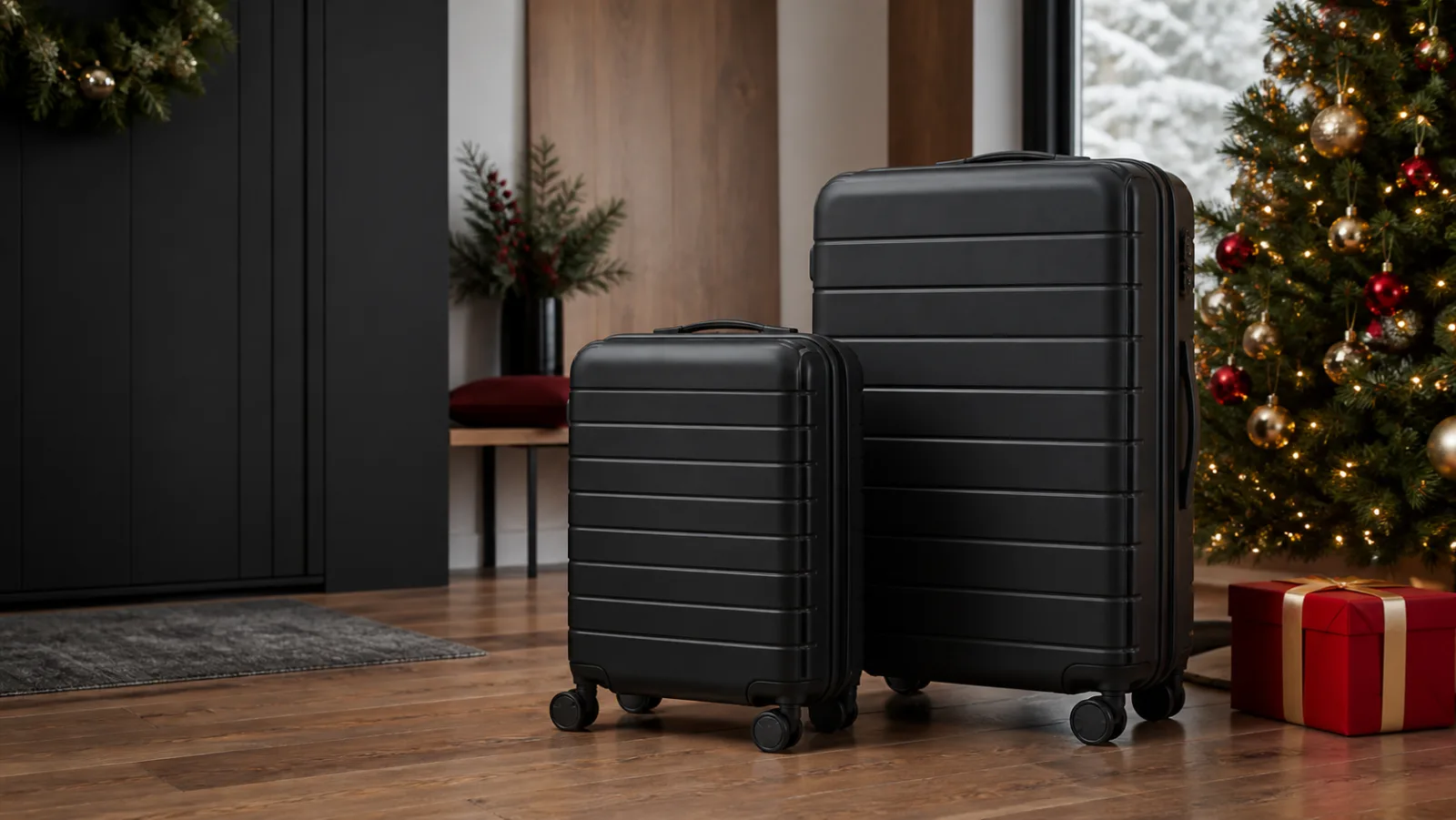 Representative pair of black hardside spinner suitcases beside a red Christmas gift