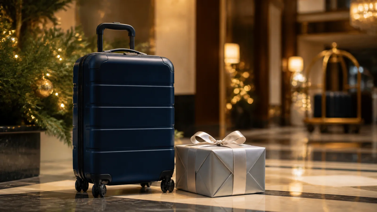 Representative navy hardshell carry-on beside a silver Christmas gift