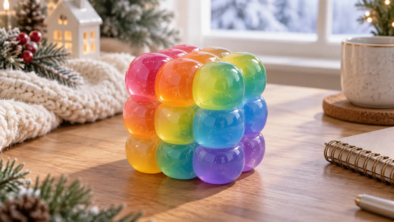 Representative child squeezing a soft, bright squishy ball at a kitchen table with holiday lights behind