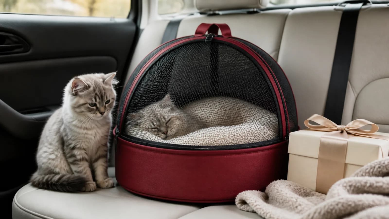 Representative round red pet carrier bed beside a cream Christmas gift