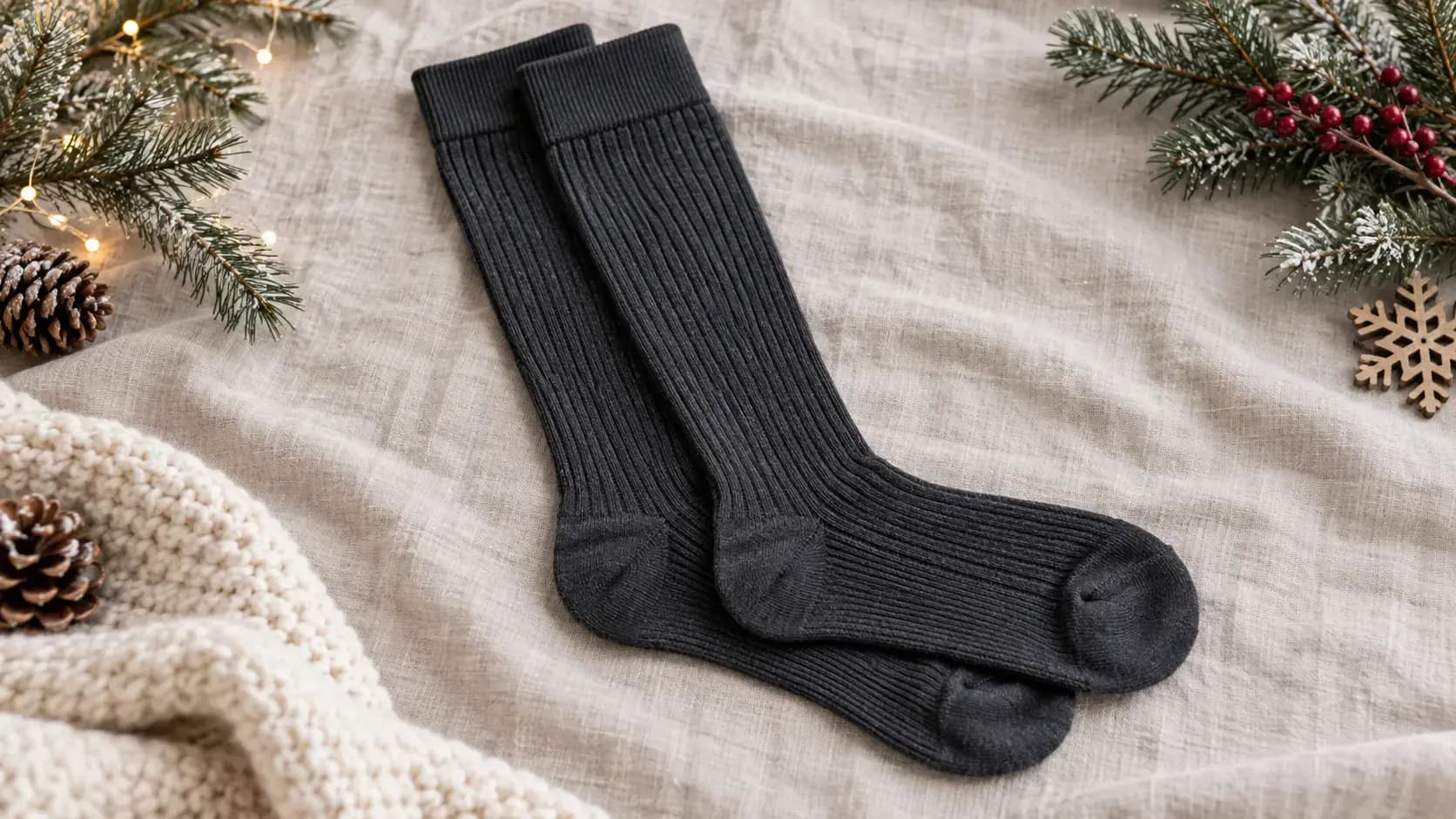 Representative person pulling on tall knit socks beside a window with winter light