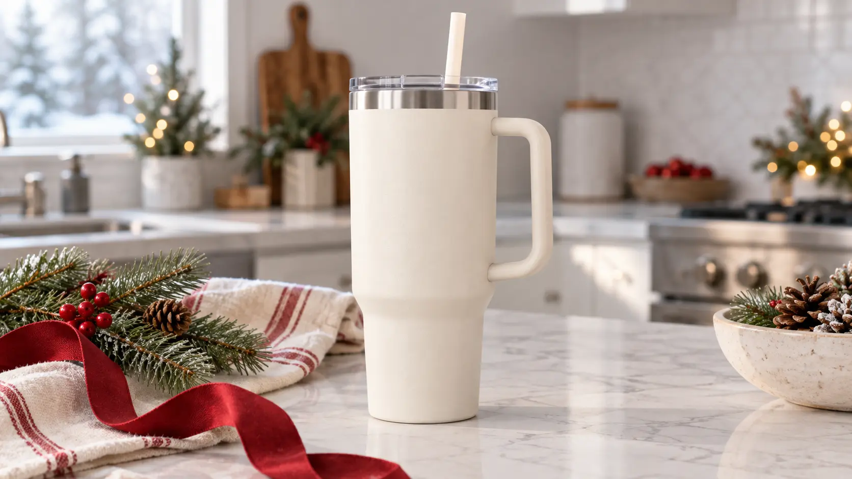 Representative tall handled tumbler with a straw on a kitchen counter beside a laptop on a winter morning