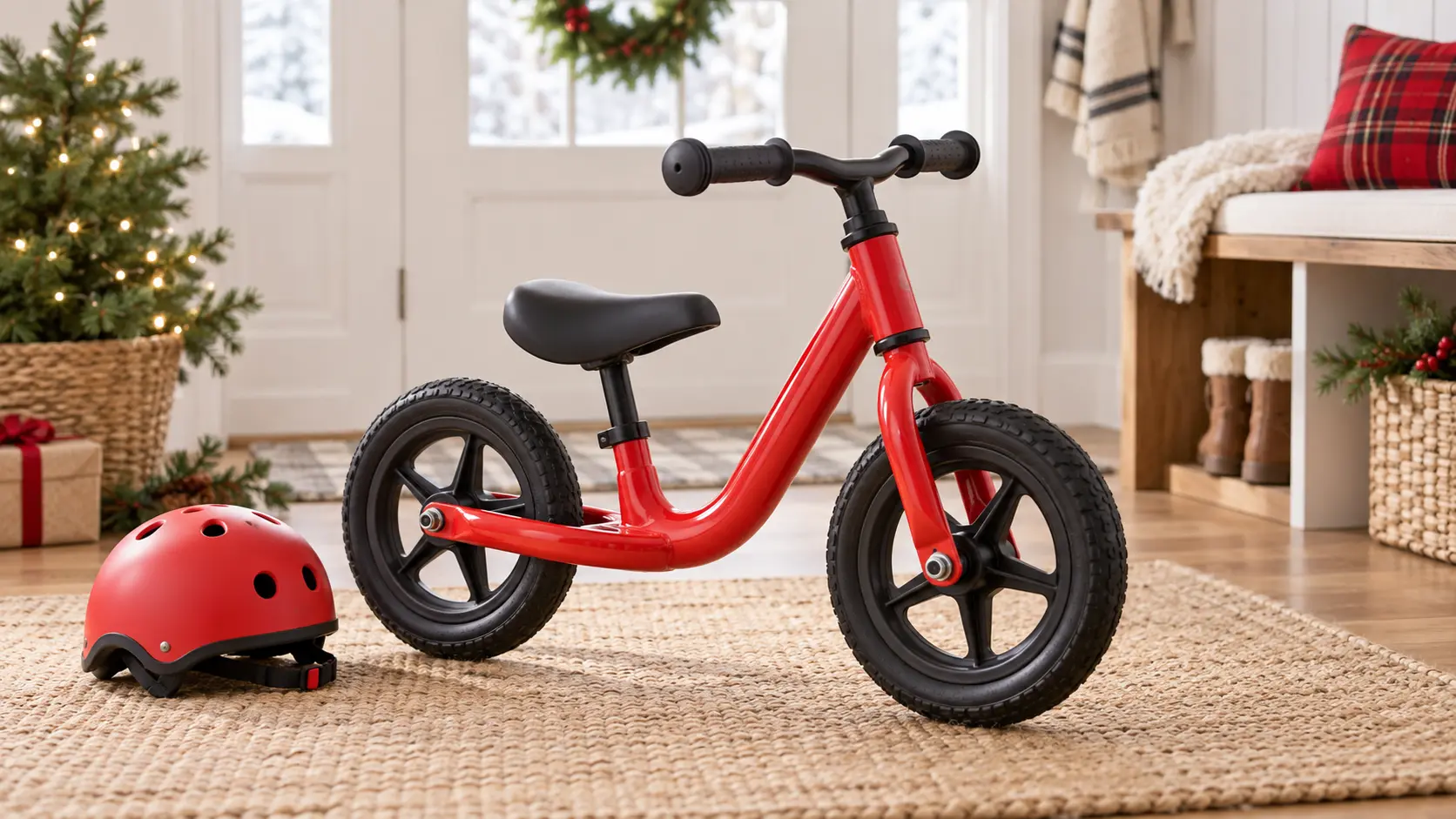 Representative toddler in a helmet scooting a small pedal-free bike along a snowy sidewalk