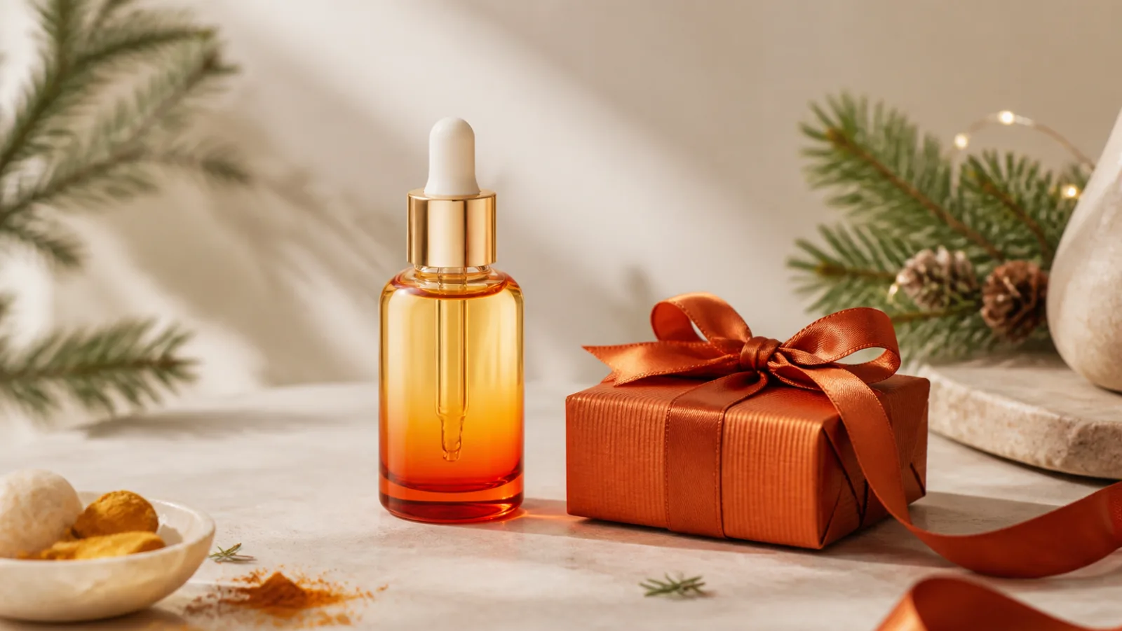 Representative amber face-oil dropper beside an orange Christmas gift box