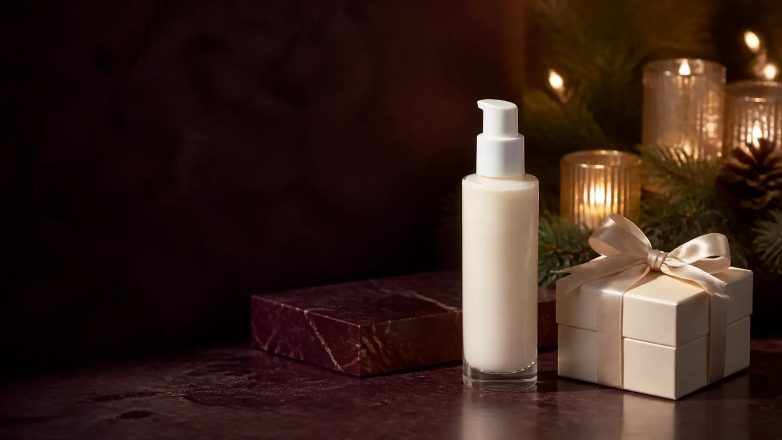 Representative white skincare pump bottle beside a cream Christmas gift box