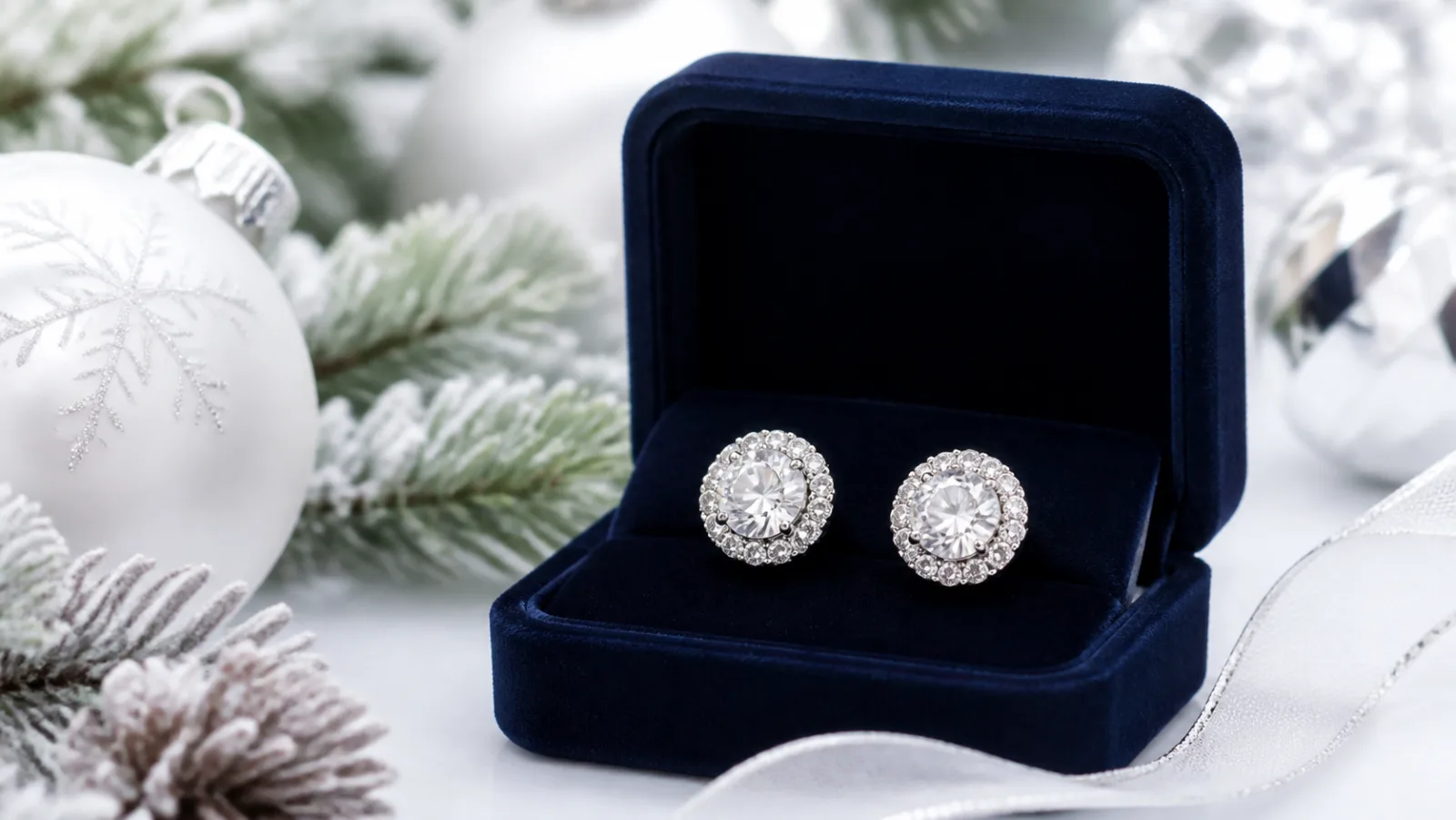 Representative crystal halo studs in a navy Christmas jewelry box