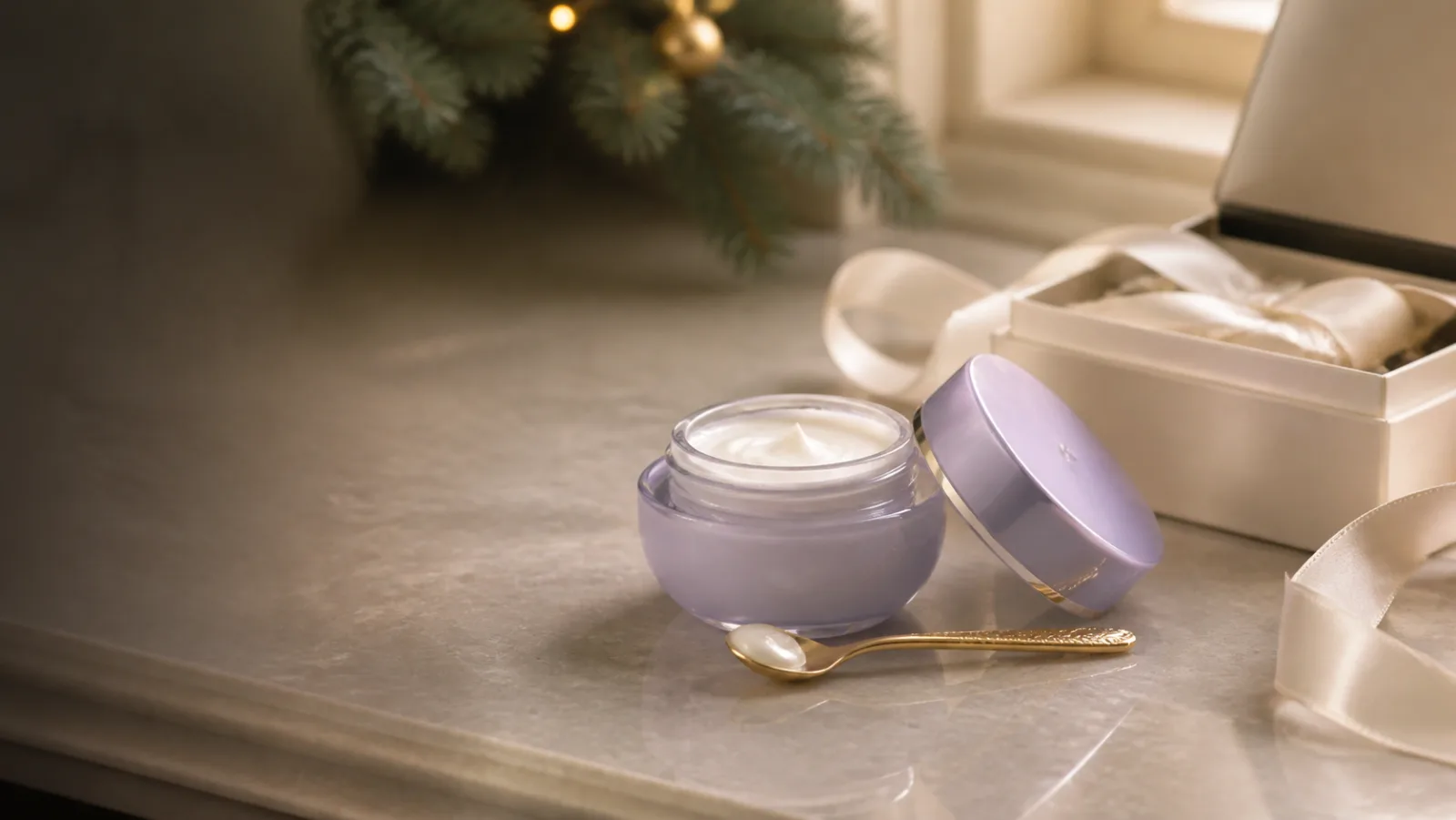 Representative lavender face-cream jar with a gold cosmetic spoon beside an open Christmas gift box
