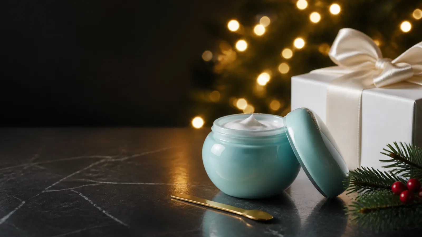 Representative aqua moisturizer jar beside a white Christmas gift box